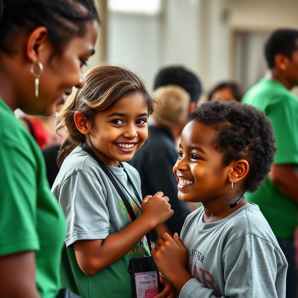 Voluntarios y un niño compartiendo un momento cálido en un evento inclusivo
